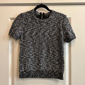 Ann Taylor Black White Tweed Short Sleeve Top Exposed Back Zipper - size M